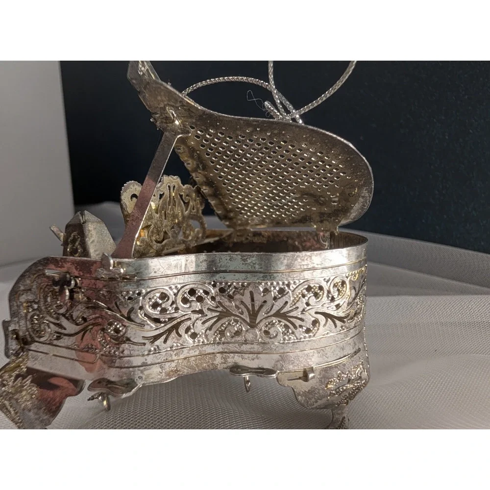 Silver Tone Filigree Grand Piano Musical Box Ornament | Proffitt's VTG